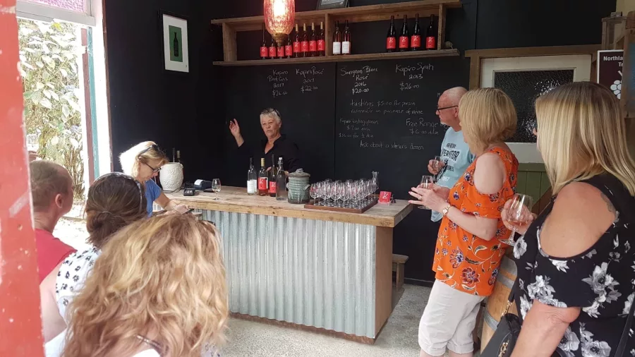 Group of visitors listening to a wine presentation at Kapiro Vineyard in Bay of Islands