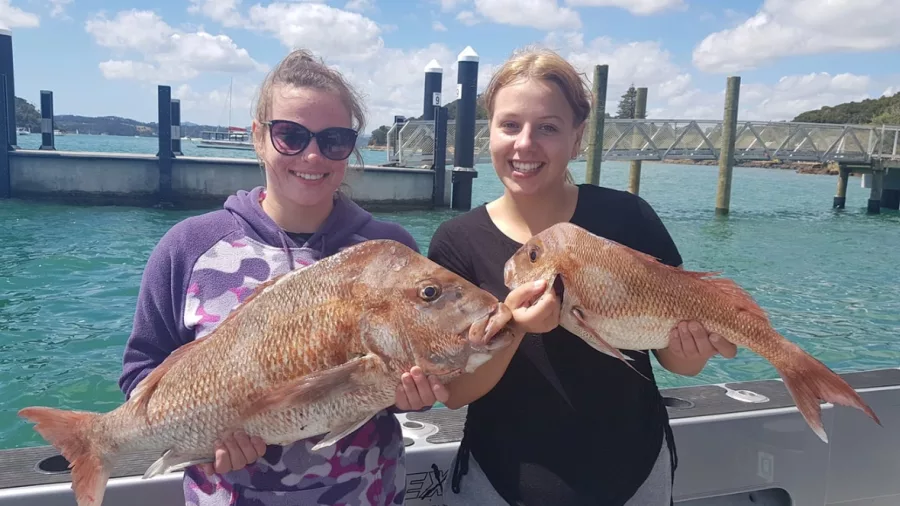 Two women holding snapper fish at the dock after a successful fishing trip in the Bay of Islands