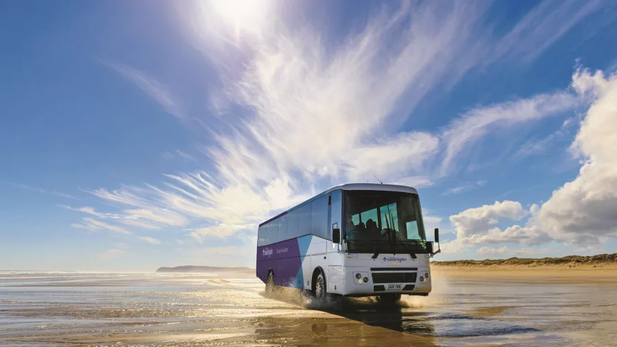 A Fullers GreatSights tour bus driving along the wet sand of Ninety Mile Beach under a bright blue sky in Northland, New Zealand.