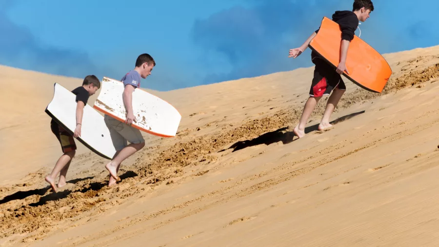 Three people carrying sandboards up a steep dune at Te Paki Sand Dunes in Northland, New Zealand, under a clear blue sky.