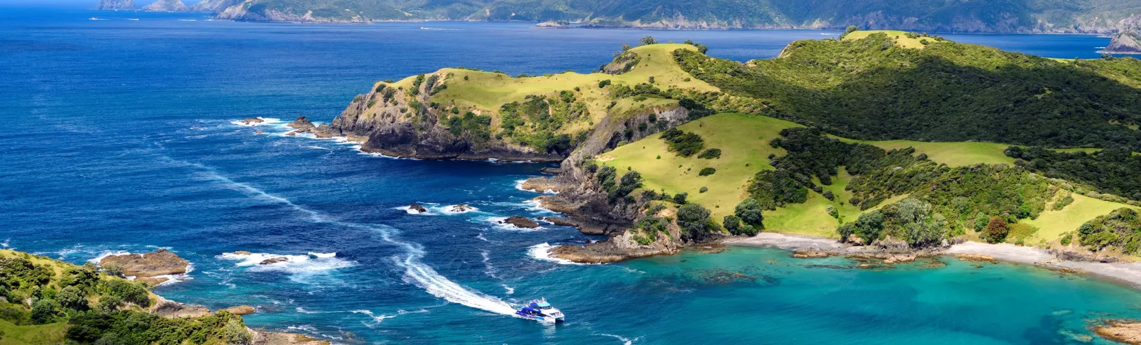 A breathtaking aerial view of the Bay of Islands, showcasing turquoise waters, rugged coastline, and lush green hills under a bright blue sky.