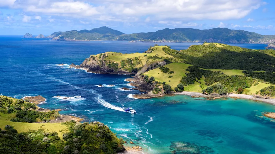 A breathtaking aerial view of the Bay of Islands, showcasing turquoise waters, rugged coastline, and lush green hills under a bright blue sky.