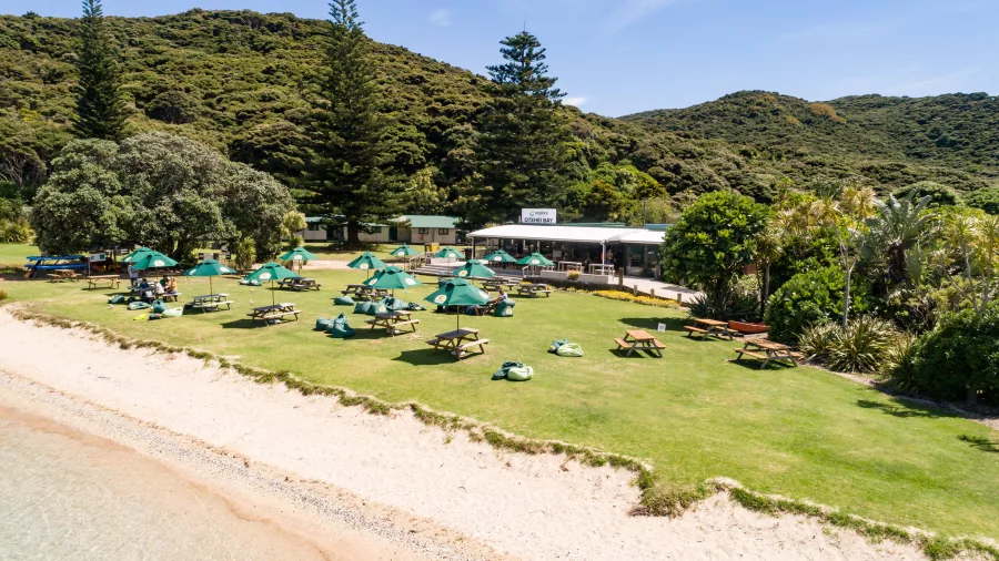 A scenic view of Otehei Bay in the Bay of Islands, New Zealand, featuring a beachfront lawn with picnic tables and lush greenery.