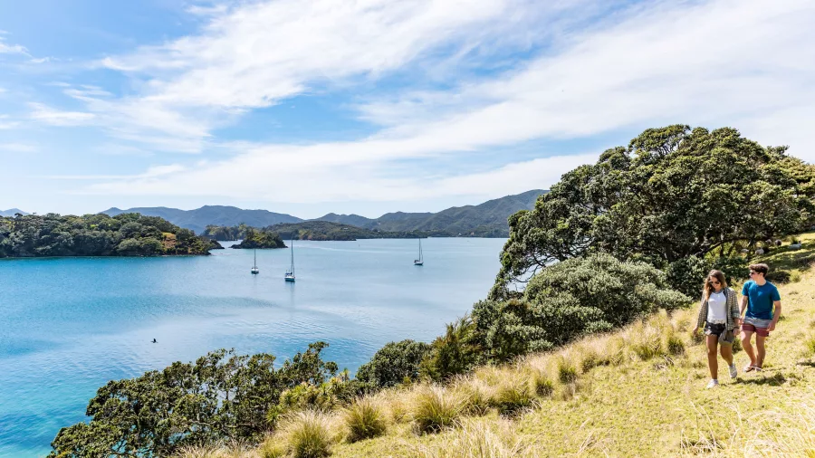 Two hikers walking along a scenic coastal trail on Urupukapuka Island, surrounded by lush greenery and stunning ocean views.