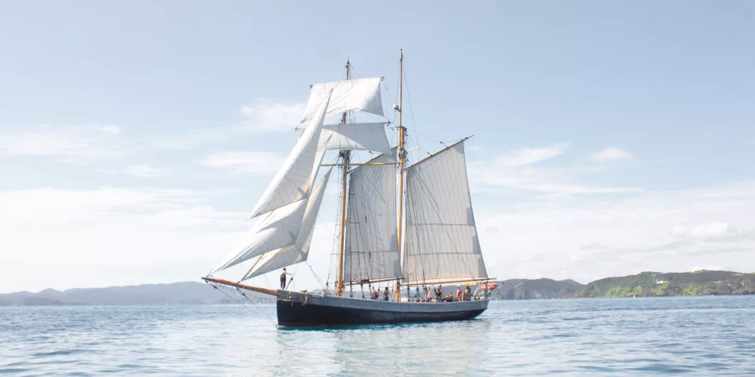 A majestic tall ship with white sails gliding across calm waters in the Bay of Islands, New Zealand, under a bright blue sky.