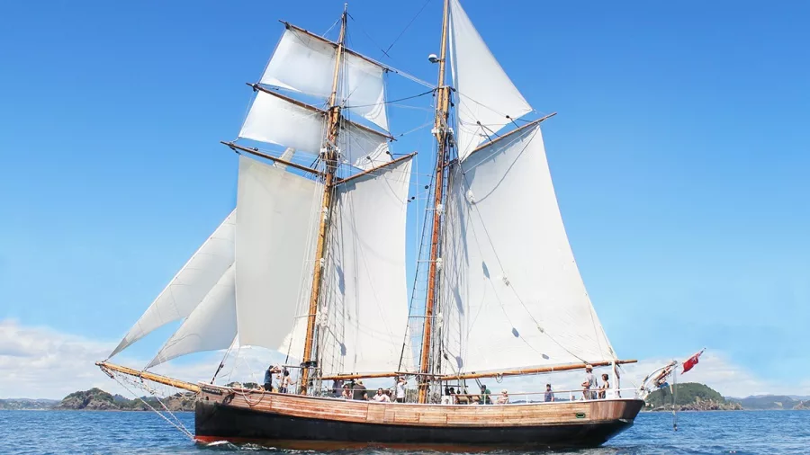 The R. Tucker Thompson, a traditional tall ship, sailing through the blue waters of the Bay of Islands, New Zealand, with white sails billowing in the wind.