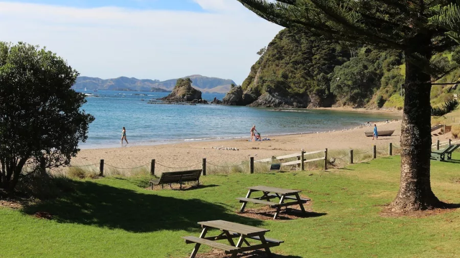 A scenic beachfront picnic area with wooden tables, lush green grass, and a peaceful sandy cove with calm blue waters.
