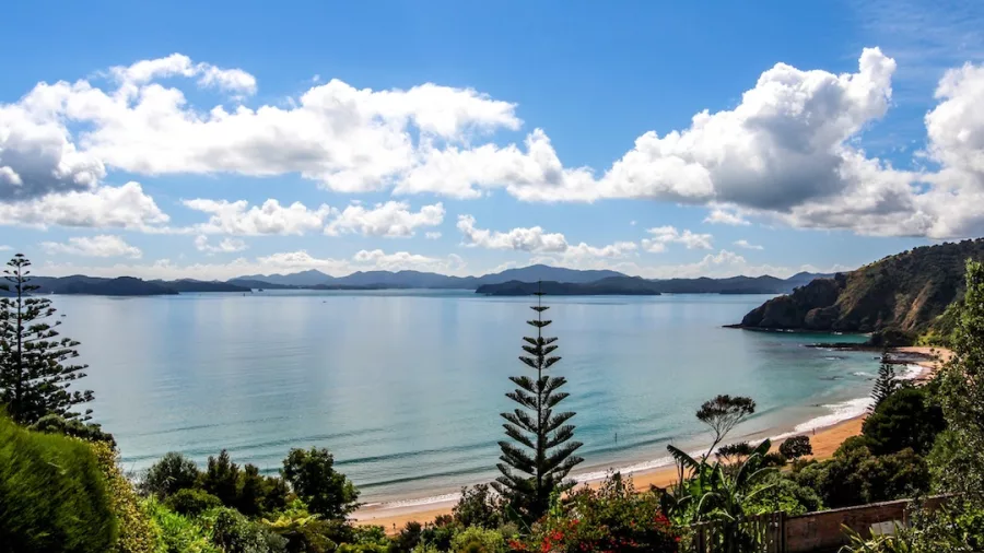 A stunning panoramic view of Long Beach Bay with calm turquoise waters, lush greenery, and a golden sandy shoreline under a bright blue sky.