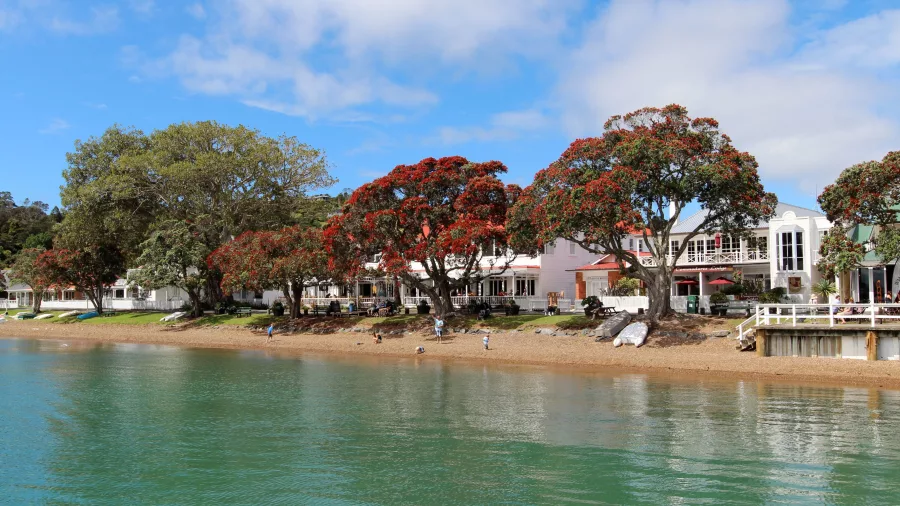 A charming waterfront lined with historic buildings and vibrant pohutukawa trees, reflecting on the calm turquoise waters.