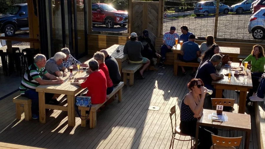 Groups of people enjoying drinks in a sunny beer garden in Kerikeri