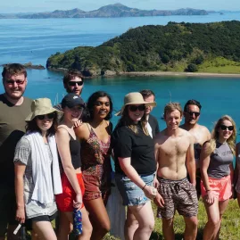 Group photo at the top of Roberton Island overlooking the Bay of Islands