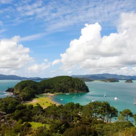 Aerial view of Motuarohia Island with boats anchored in the bay on a clear day