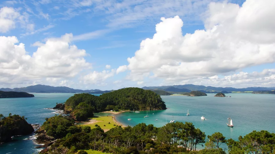 Aerial view of Motuarohia Island with boats anchored in the bay on a clear day