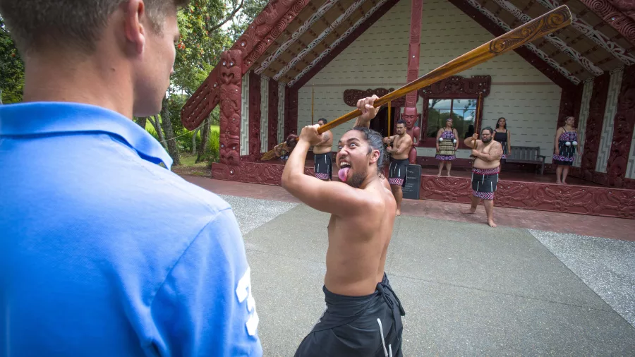 Māori warrior performing the wero challenge in front of a carved meeting house at Waitangi Treaty Grounds, Northland, New Zealand
