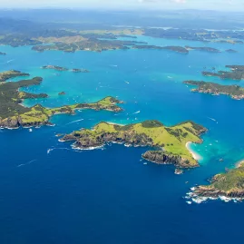 Stunning seascape of the Bay of Islands with scattered islets and sparkling blue waters