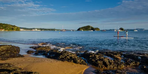 Two people paddleboarding on calm waters near Paihia in the Bay of Islands