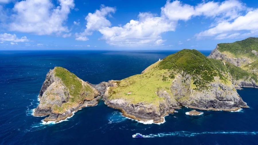 Aerial view of Cape Brett Lighthouse and Peninsula in the Bay of Islands