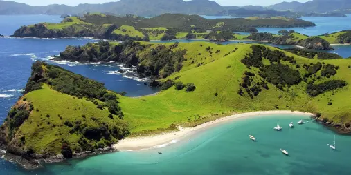 Coastal view of the Bay of Islands with sparkling blue water and lush island landscapes