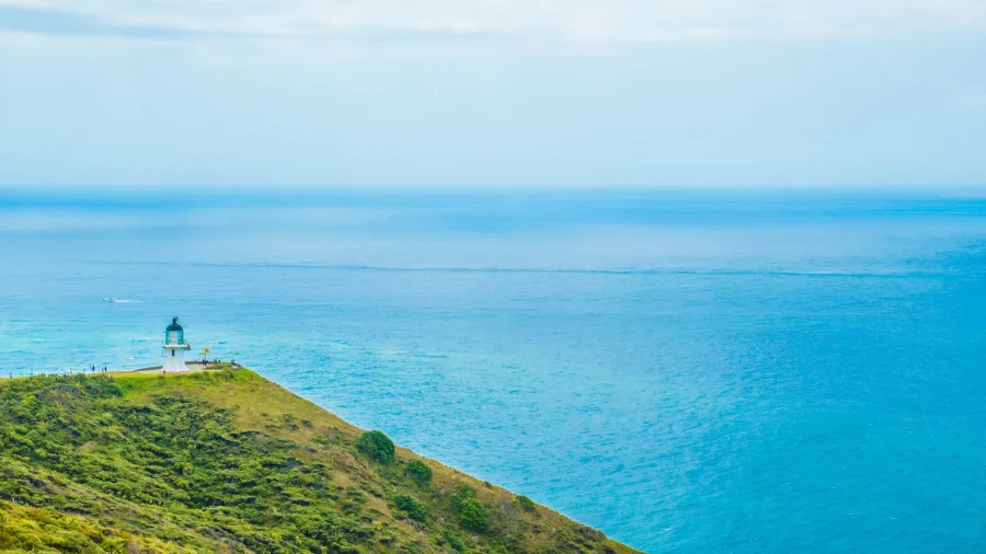 Cape Reinga Lighthouse with panoramic views of the Tasman Sea and Pacific Ocean, Northland, New Zealand