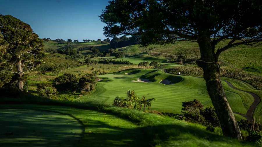 Lush green fairway framed by native trees at Kauri Cliffs Golf Course, Bay of Islands, New Zealand