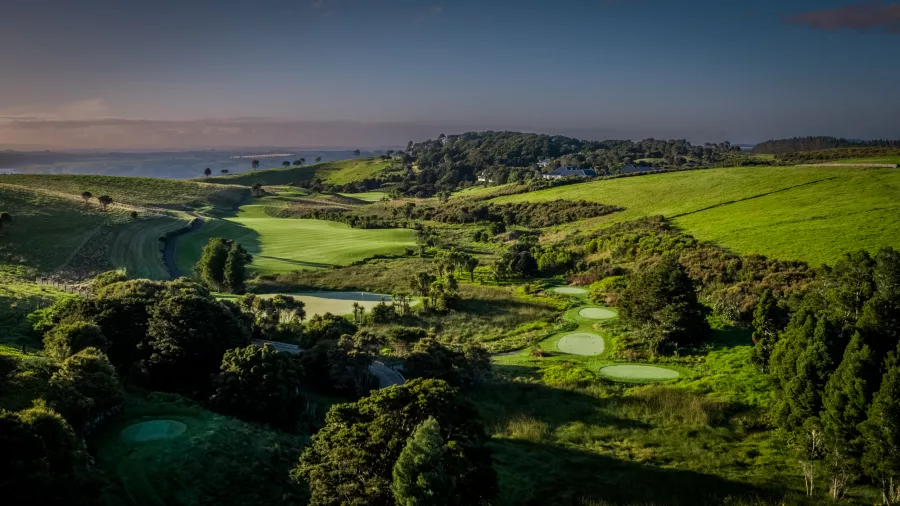 Inland view of the rolling fairways at Kauri Cliffs Golf Course, Bay of Islands, New Zealand