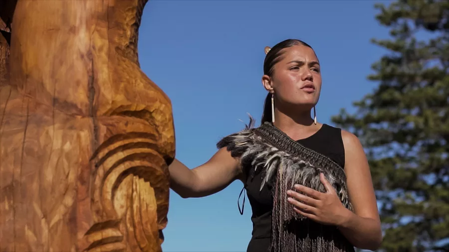 Māori guide delivering a cultural welcome beside a carved wooden figure during a Manea tour in Northland