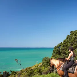 Two riders on horseback overlooking the turquoise waters of the Tutukaka Coast in Matapouri, Northland