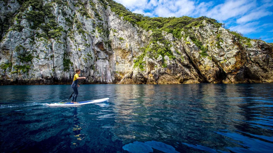 Paddleboarder gliding along the rocky cliffs of the Poor Knights Islands near Tutukākā
