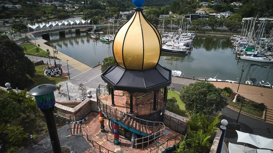 Aerial view of the golden dome at the Hundertwasser Art Centre overlooking Whangārei Harbour