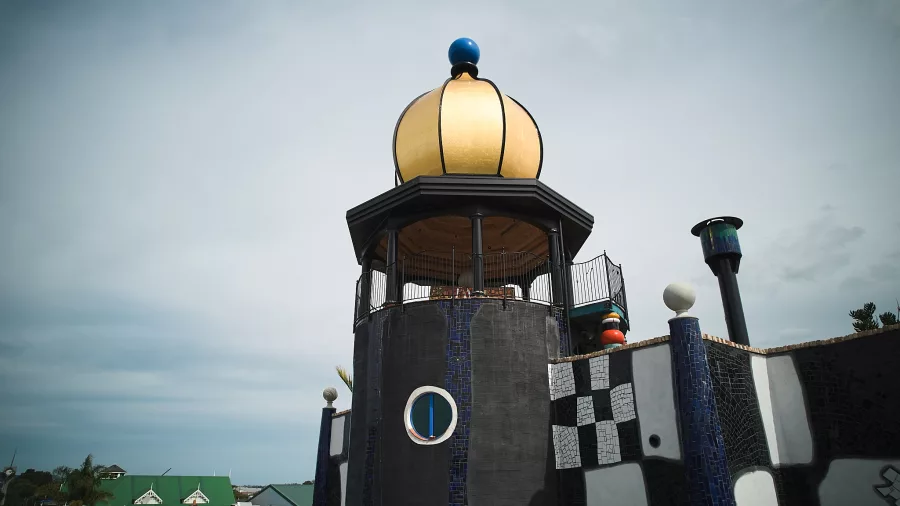 Close-up of the tower and golden dome at the Hundertwasser Art Centre in Whangārei