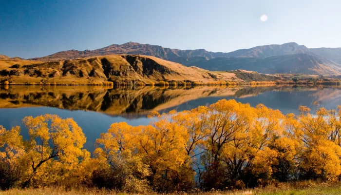 Autumn colours reflected on the still waters of Lake Hayes in Arrowtown, New Zealand.