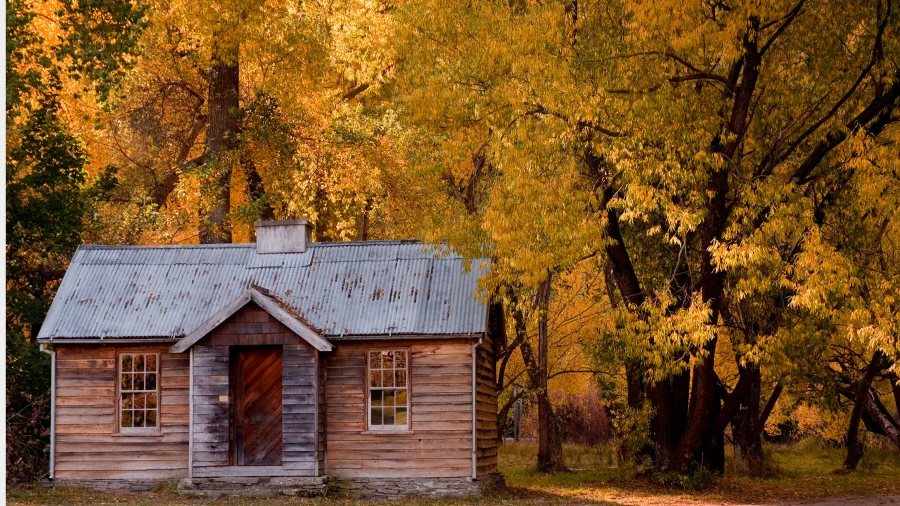 Historic wooden police camp cottage in Arrowtown, New Zealand, surrounded by golden autumn trees.
