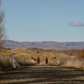 Family cycling through winter landscape on Otago Central Rail Trail