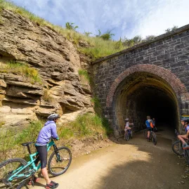 Trail users pausing at tunnel entrance on the Otago Central Rail Trail