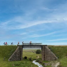 Group cycling over a ridge viaduct on the Otago Central Rail Trail