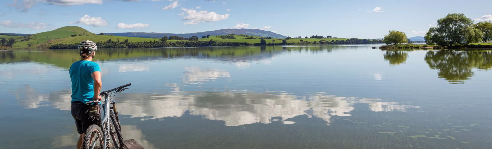 Cyclist standing with bike on a lakeside jetty overlooking the still waters of Lake Waihola on the Clutha Gold Trail near Dunedin, New Zealand