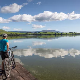 Cyclist standing with bike on a lakeside jetty overlooking the still waters of Lake Waihola on the Clutha Gold Trail near Dunedin, New Zealand