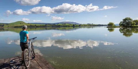 Cyclist standing with bike on a lakeside jetty overlooking the still waters of Lake Waihola on the Clutha Gold Trail near Dunedin, New Zealand