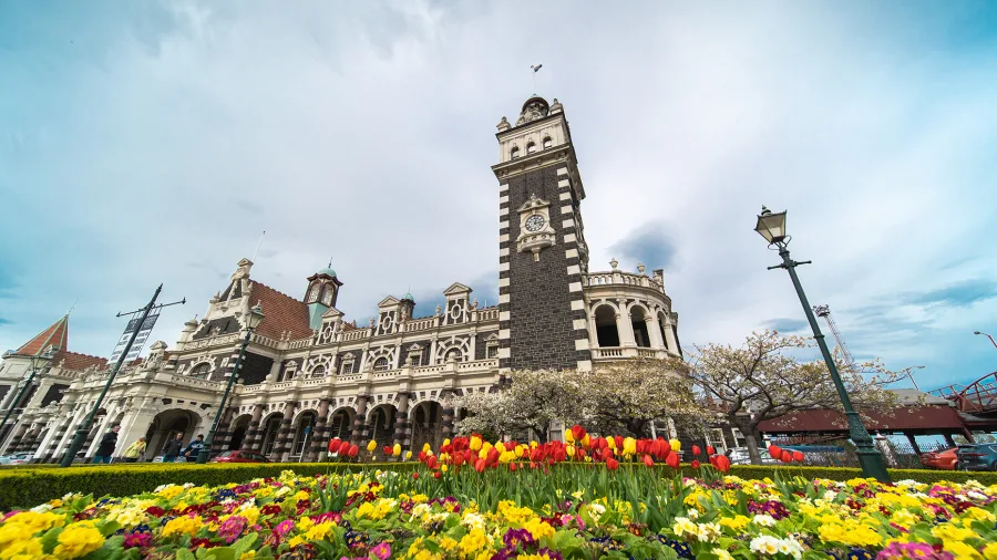 Dunedin Railway Station in spring, with colourful tulips and flowers blooming in the foreground.