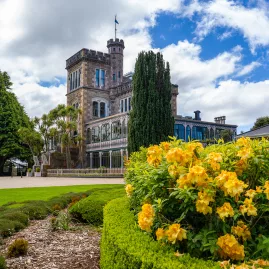Spring flowers blooming in front of Larnach Castle on the Otago Peninsula.
