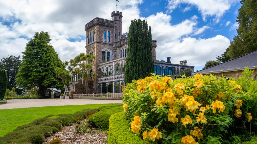 Spring flowers blooming in front of Larnach Castle on the Otago Peninsula.