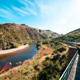Scenic view from the Taieri Gorge Railway as it travels through rugged hills beside a winding river in Dunedin.