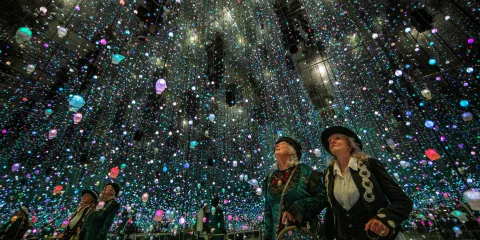 Visitors inside the immersive light installation at Steampunk HQ in Oamaru
