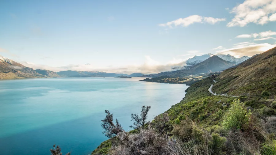 View from Bennets Bluff overlooking Lake Wakatipu with the road to Glenorchy winding along the shoreline
