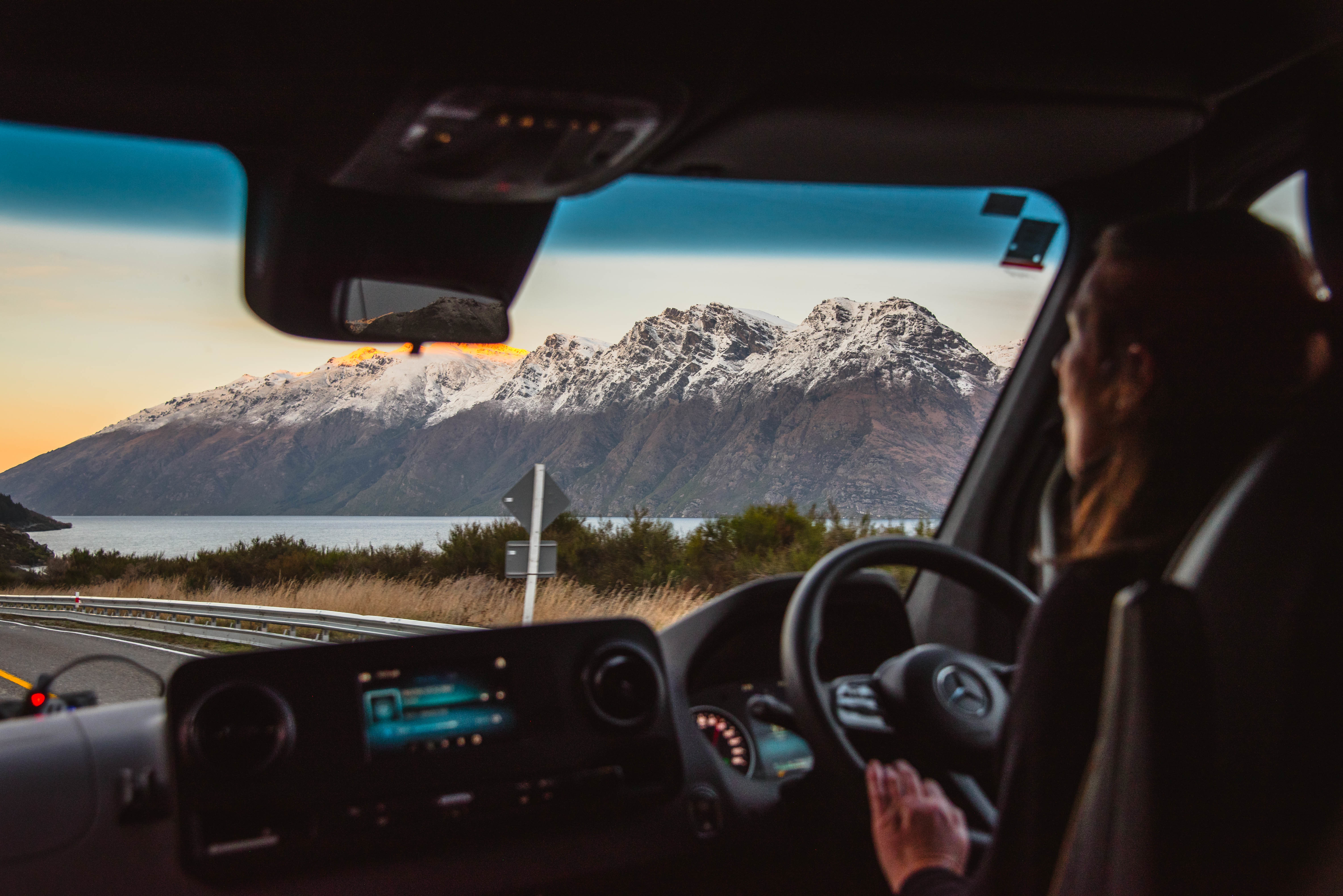 Driver's view of The Remarkables mountain range en route to Milford Sound