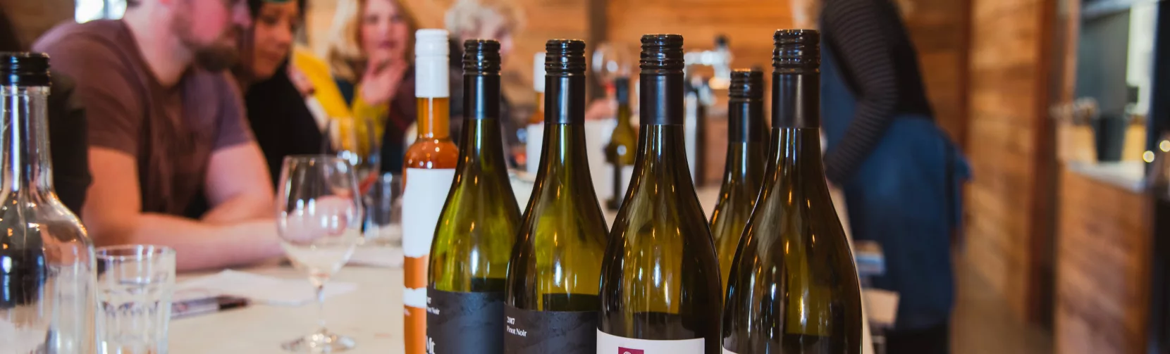 Selection of Mt Rosa wine bottles lined up for a guided tasting session in Gibbston Valley