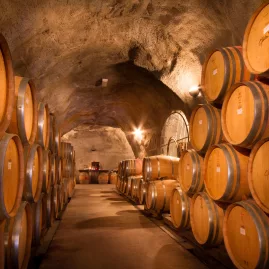 Wine barrels lining the stone walls of the Gibbston Valley Wine Cave, softly lit for tours and storage