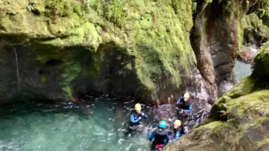 Group of canyoners floating in mossy canyon pool