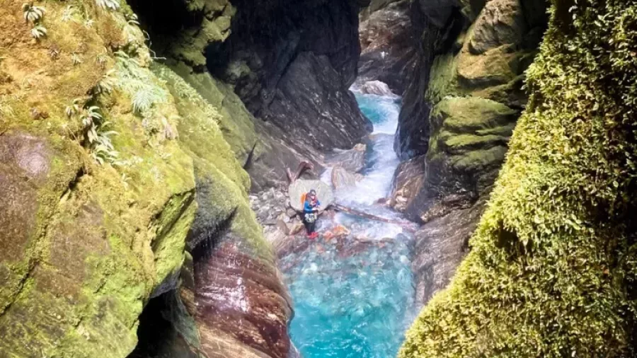 Aerial view of canyoner in deep blue canyon pool