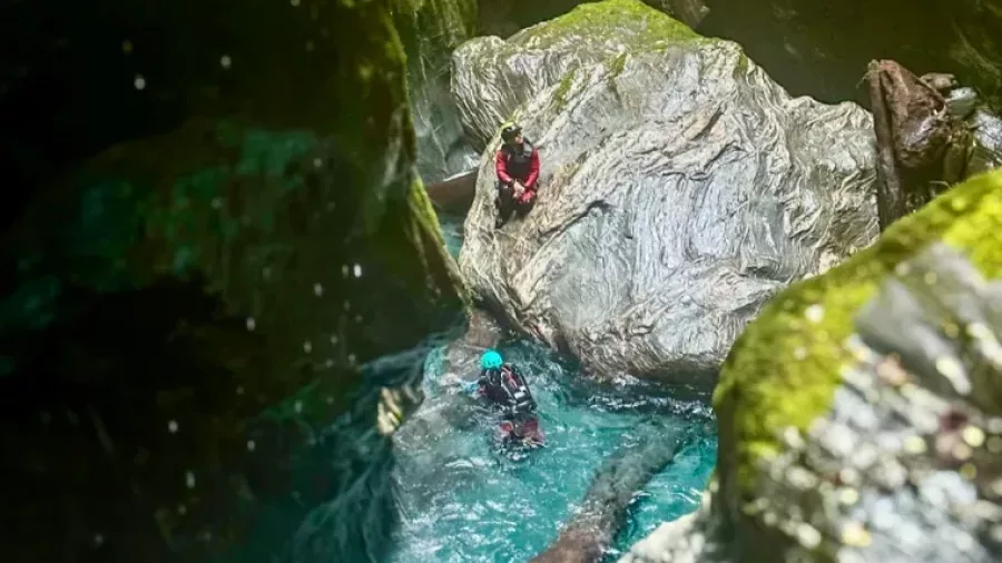 Canyoners navigating canyon pool with log obstacle